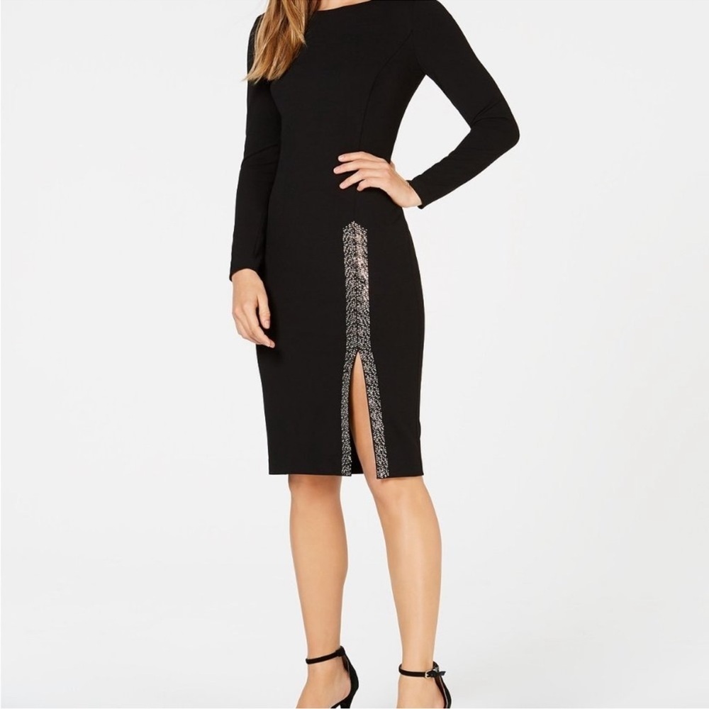 Calvin Klein Black Long Sleeve Dress Rhinestone Embellished Side Slit Size 4